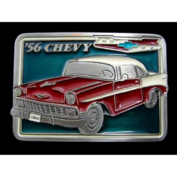 VTG 1956 Chevy Commemorative Silver Emblem Belt Buckle - Picture 1 of 2